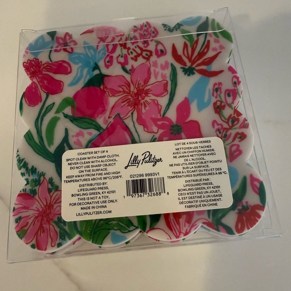 Lilly Pulitzer Bright Pink & Blue Floral  Scalloped Edge Coaster Set of 4